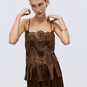 H&M Edition Brown Lace-Detail Satin Camisole Top. Large. NWT 1333829001